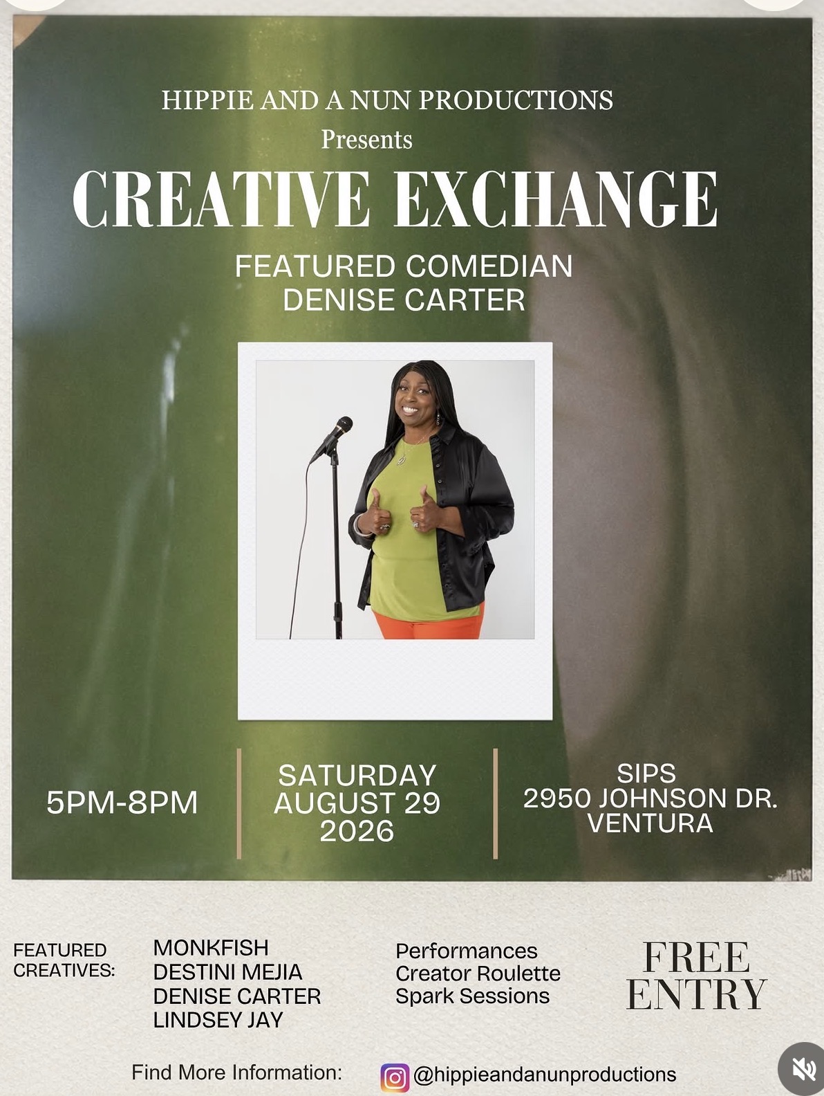 ❤️ I’m excited to perform and even more excited to see our community come together.
Now I need everyone’s help—SHARE, SHARE, SHARE! 📲🙌🏽
Share this with your friends, family, coworkers, neighbors, and your entire community. Repost the flyer, tag somebody, and help us spread the word!
There are some AMAZING productions coming to SIPS in Ventura, and we want the community to SHOW UP, support, laugh, enjoy themselves, and have some FUN!
Let’s pack the place and make some memories! 🎭🎤❤️